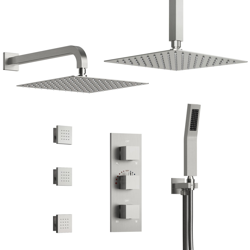 Thermostatic Dual Showerheads System, 12" High-Pressure Rainfall Shower Faucet with Handheld Spray and Body Jet