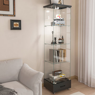 Modern Glass Display Cabinet With Drawer , Quick-Assembly Antique Cabinet With LED Lights, Tempered Glass Bookshelf,  1-Door Storage Case With 4 Shelves  For Living Room And Bedroom