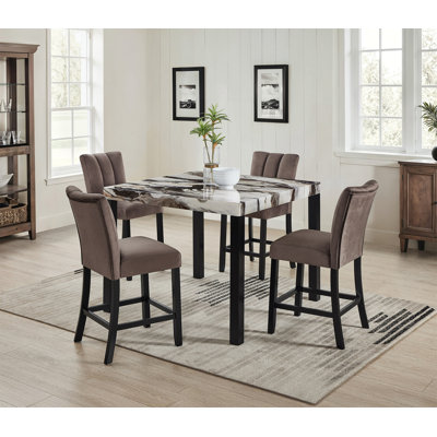 5Pc Beautiful Black/Brown Faux Marble Counter Height Dining Set Square Table Upholstered Gently Curved Table Dining Room Wooden Furniture