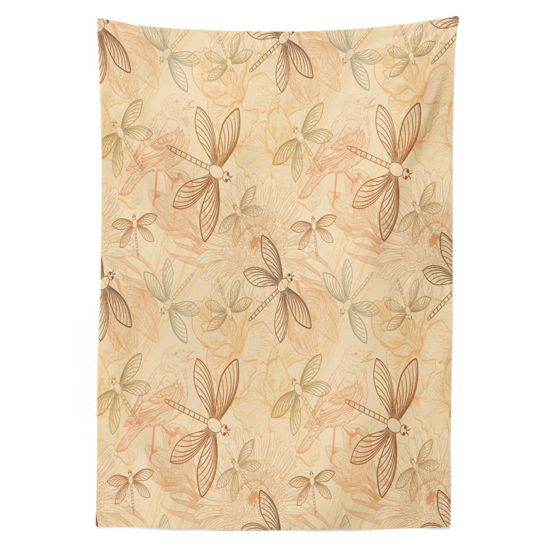 Ambesonne Beige Tablecloth, Vintage Birds And Dragonflies Artprint With Modern Doodle Style Animal Inspired Design, Rectangular Table Cover For Dining Room Kitchen Decor, 52" X 70", Cream