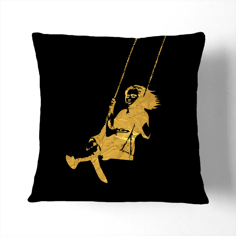 Banksy In Gold Girl On Swing Square Throw Cushion, 55cm H x 55cm W x 20cm D, White