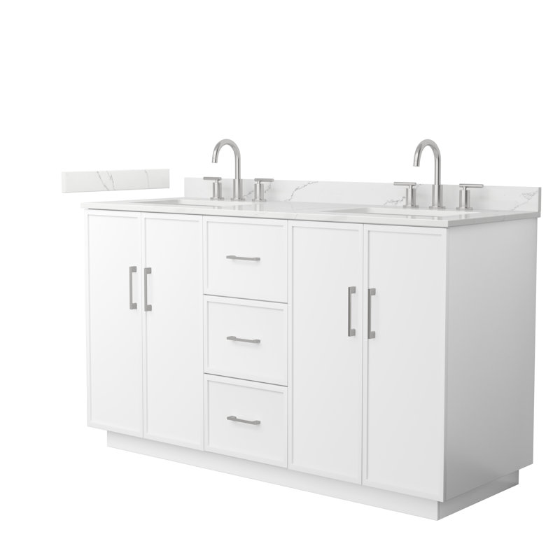 Meuble-lavabo double autoportant 60 po avec plateau en quartz Elan TK, Blanc, Nickel brossé, Quartz Giotto