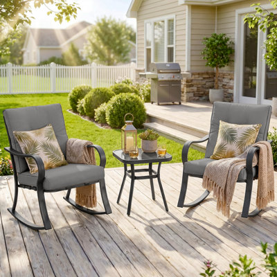 3 Piece Rocker Seating Group with Cushions, 2 - Person Outdoor Rocking Patio Chairs Set with Tempered Glass Top Coffee Table for Porch, Backyard, Balcony