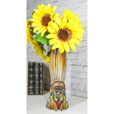 Southwestern Native American Alpha Wolf Chieftain With Roach Headdress Vase