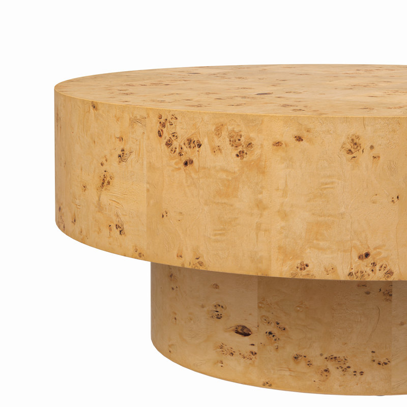 Handcrafted Burl Wood Round Coffee Table with Strudy Pedestal, Mid-Century Modern Solid Wood Coffee Table for Living Room