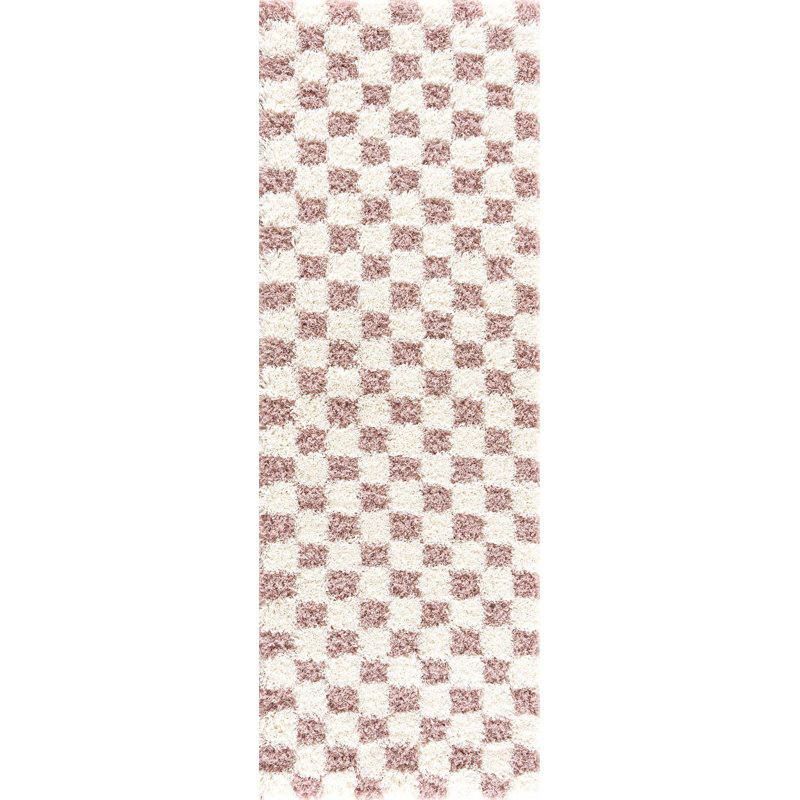 Atiran Checkered Shag Pink Area Rug, Runner 2'7" x 7'3"