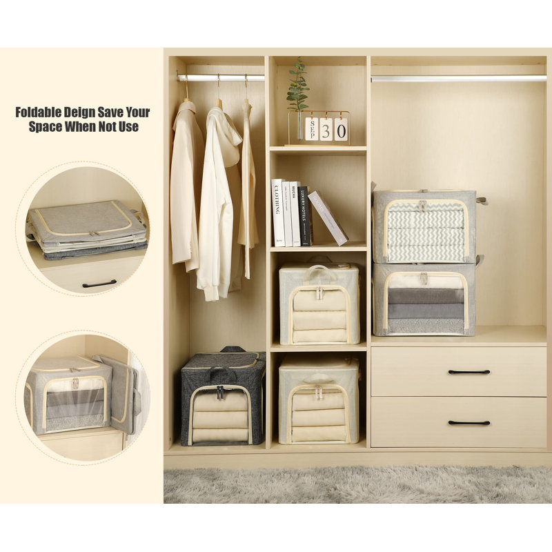 3 bacs de rangement pour vêtements avec cadre en métal, bac de rangement pliable pour les vêtements, bacs de rangement pour vêtements avec couvercle, boîte de rangement en lin avec fenêtre transparente, fermetures à glissière, poignées durables. (3 pièces, gris clair, 40L)