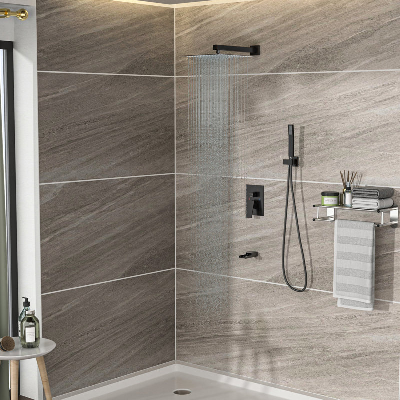 Système de douche carré de 10 po avec bec cascade - Douche à 3 fonctions bronze huilé, valve de pluie et à main pour un confort et une installation simple.