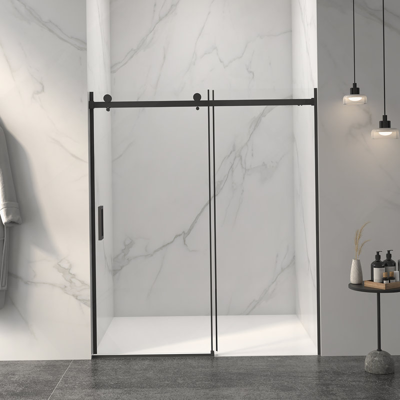 56-60"W X 72"H Frameless Sliding Shower Door,5/16" (8Mm) Thick SGCC Tempered Clear Glass,Double Side Easy Clean Coat, Matte Black Finished With Buffer