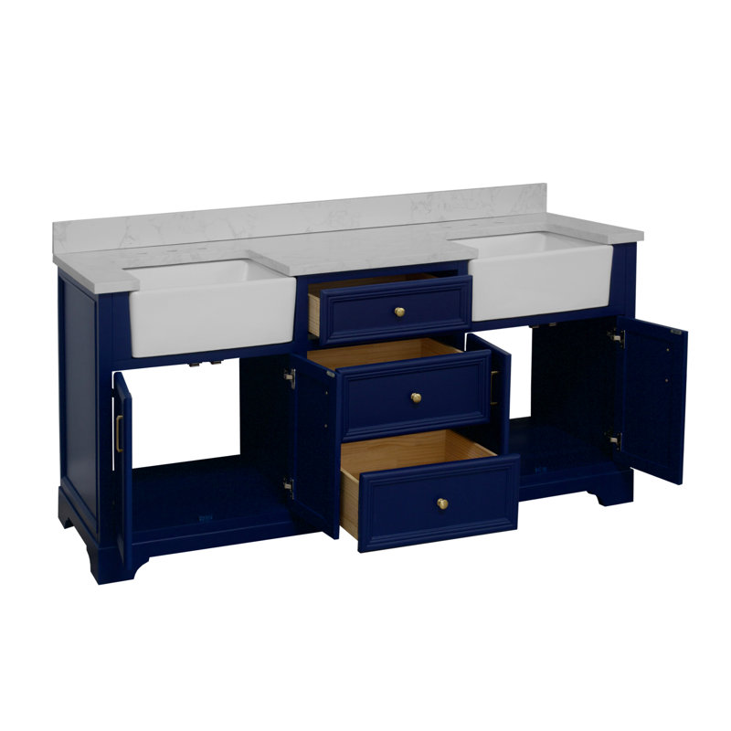 Ensemble de meuble-lavabo double 72 po Emiliano, Bleu royal, Carrare d'ingénierie