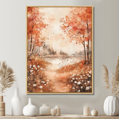 Art mural rouge avec fleurs sauvages, toile d'été, fleurs sauvages rouges et blanches, lac Horizion