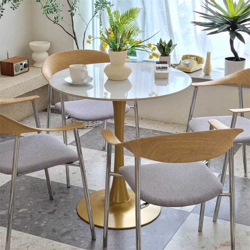 Table bistro de cuisine ronde avec plateau en pierre frittée, Blanc, Doré, H 30,9 po x l 30,9 po x P 33,66 po