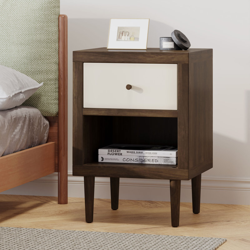  Table de bout moderne Mid-Century avec tiroir et tablette ouverte, table d'appoint pour chambre à coucher ou salon, Blanc
