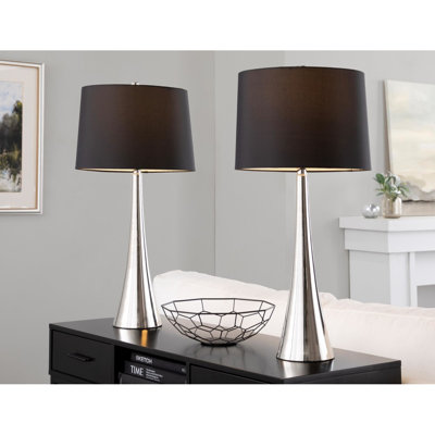 Lampe de table contemporaine en métal poli avec abat-jour en satin noir 29 po Diana de Grandview Gallery par - ensemble de 2