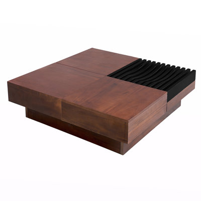 Mid-Century Italian Retro Coffee Table - Solid Acacia Wood Storage Ottoman with Lift Top, Distressed Brown & Black Finish