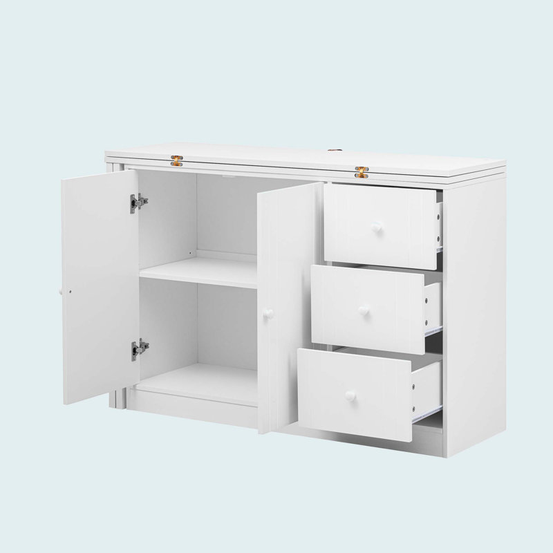 Innovative Sideboard With 2-Door, 3-Drawer Design And Adjustable Pull-Out Top For Flexible Use,Suitable, White