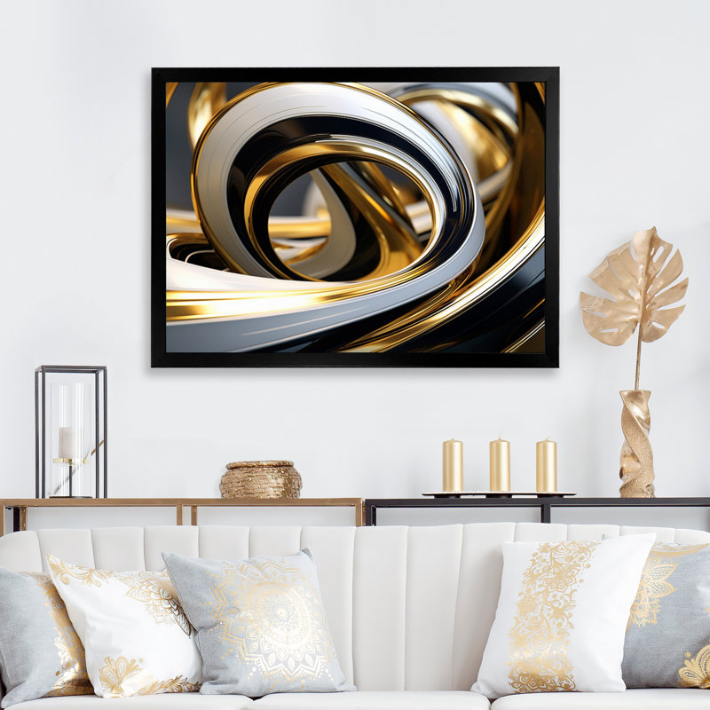 «I», art liquide encadré noir et blanc tourbillonnant dimension I - spirales abstraites, H 30 po x l 40 po x P 1,5 po