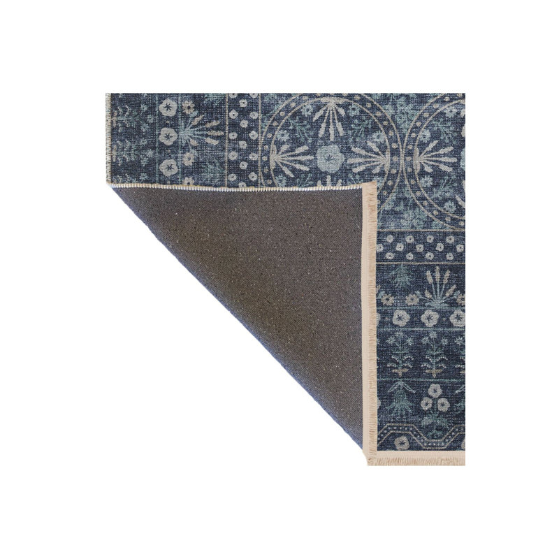 Navy Themed Motif Floral Patterned Vintage Decorative Rug, Rectangle 3'3" x 4'11" Rug Pad Included