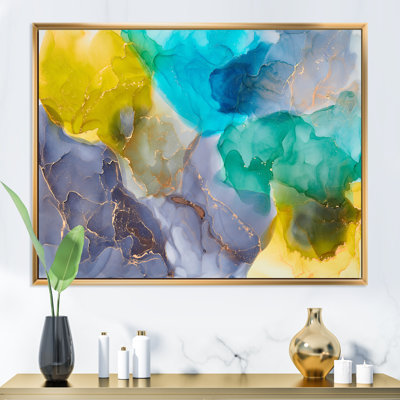 " Turquoise And Yellow Luxury Abstract Fluid Art " Painting Print