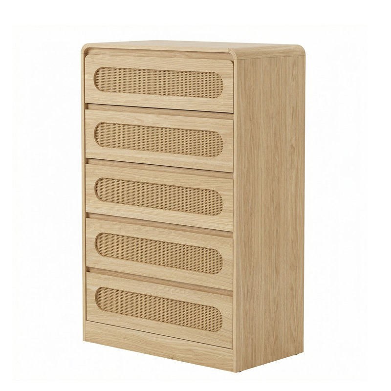 Commode 5 tiroirs en rotin, grande armoire de rangement étroite en bois pour la chambre à coucher et le salon