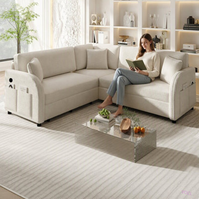 85.1" L-Shaped Sofa Couch with Pull-Out Bed, Oversize Convertible Sleeper Sofa with side Pocket & USB Port, Sherpa Fleece Upholstered Sectional Couches, for Living Room, Apartment, Office