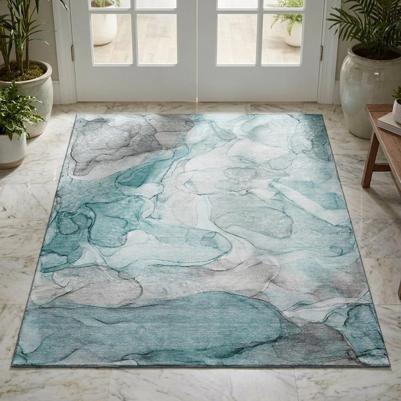 Tapis bleu sarcelle et ivoire lavable abstrait 3 pi x 5 pi avec protection UV