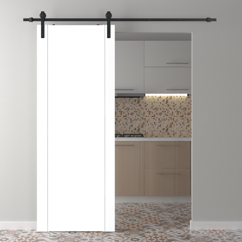 Porte de grange affleurante en bois manufacturé et en métal avec trousse de quincaillerie d'installation, 17,75 po x 79,37 po