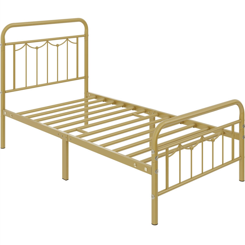 Dravin Metal Platform Bed Frame with Vintage Headboard and Footboard, Twin, Antique Gold