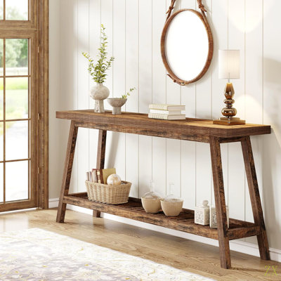 70.9 Inches Extra Long Farmhouse Console Table, Solid Wood Entryway Table With 2-Tier Open Storage,  Narrow Sofa Table Behind Couch For Hallway, Living Room, Or Foyer