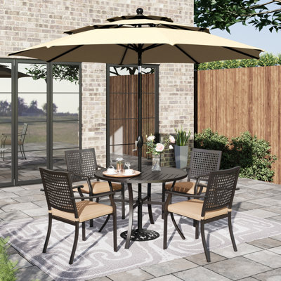 Alyah 5-piece Steel Patio Outdoor Dining Set With Umbrella,metal Stackable Chairs, 42'' Round Table