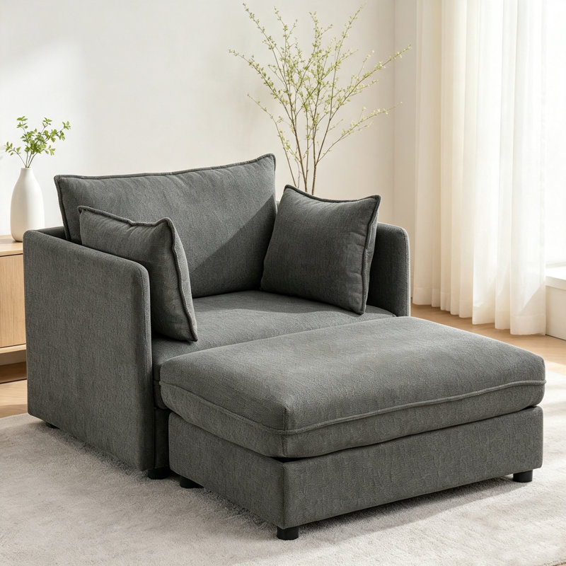 Upholstered Chenille Accent Chair With Footstool, Grey Chenille