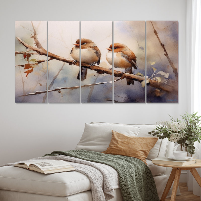 Oiseau moineau beige et brun I - animaux, art mural salon - 5 panneaux égaux