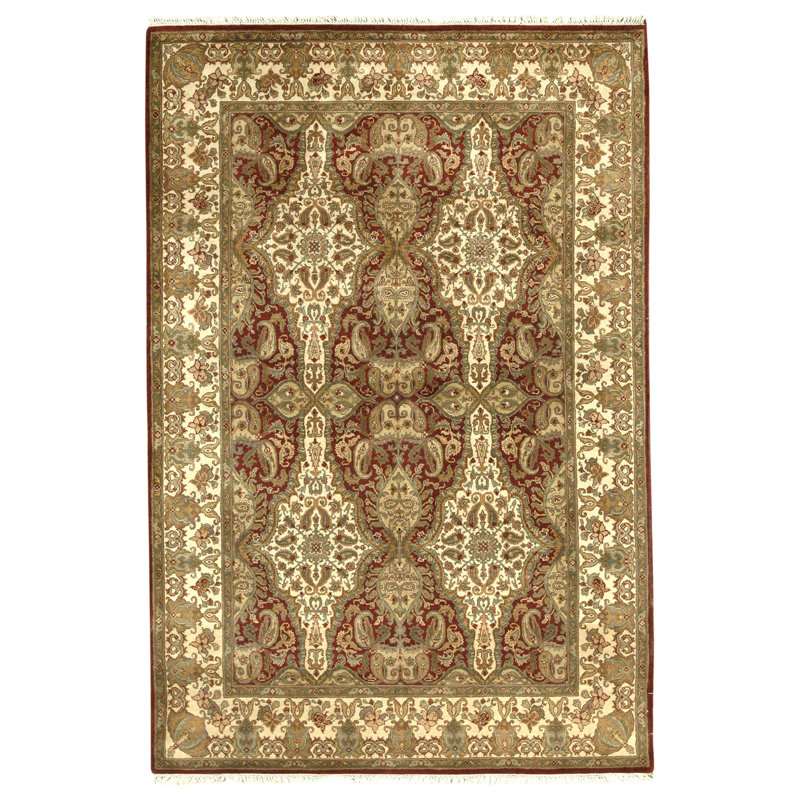 Hand Knotted Wool Oriental Area Rug in Green And Cream