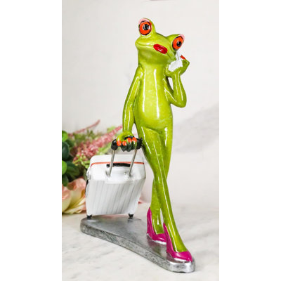 Airport Sky Traveler Lady Frog Wearing Red Heels And Pulling A Suitcase Figurine