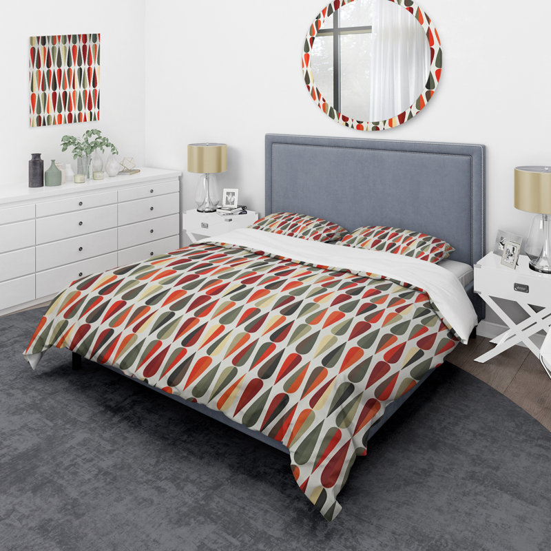 Retro Art Deco - Mid century bedding set - Modern Mid-century Bed cover set, King Duvet Cover + 2 Shams, Yellow/White Hexagon