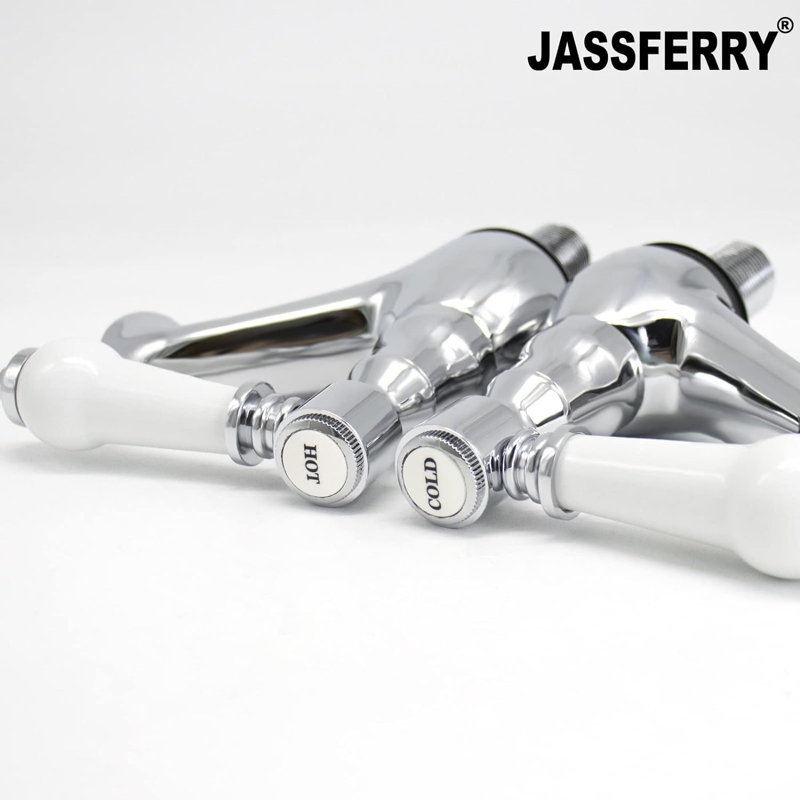 Pair of Basin Taps Hot and Cold Water Bathroom Sink Tap White Ceramic Handle 1/4 Turn Lever