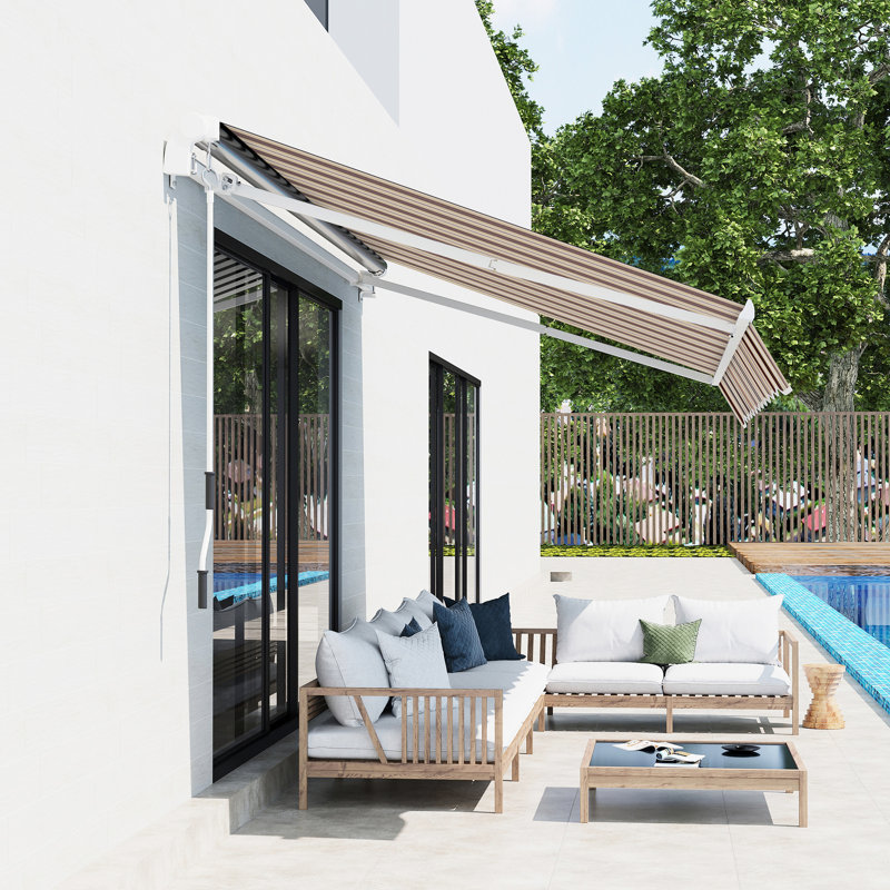 Auvent rétractable 13 'x 8' pour patio - et eau -, cadre en aluminium, manivelle manuelle, manivelle de balcon rouge à rayures, cour