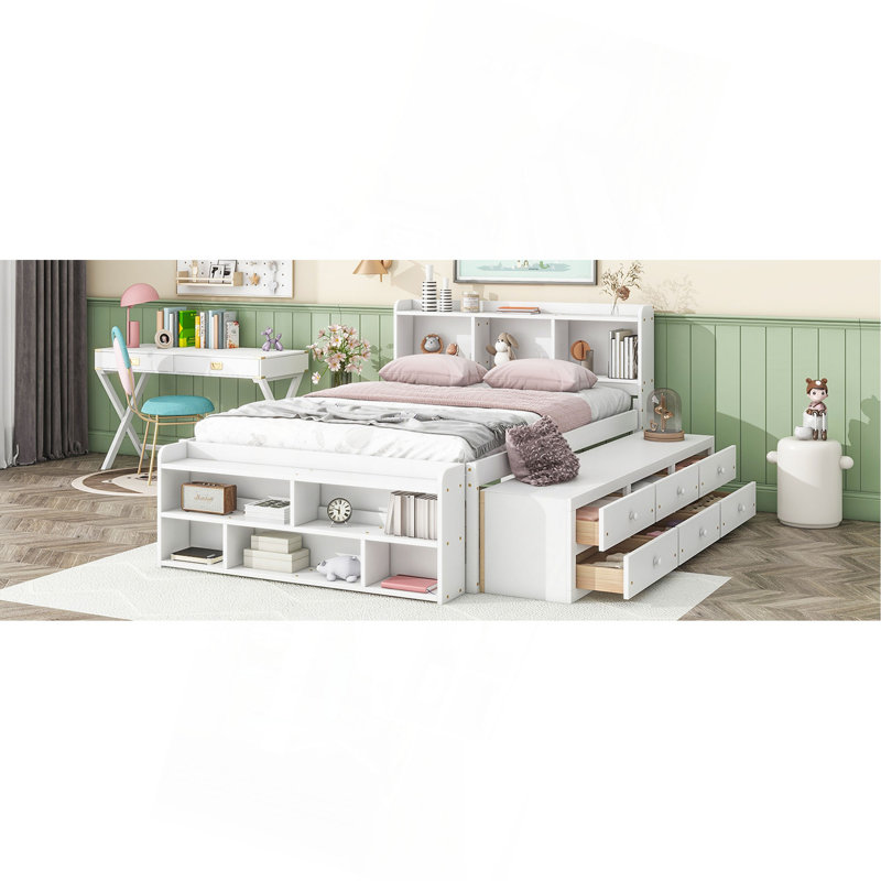Lit double avec tête de lit bibliothèque, tiroirs de rangement sous le lit et étui de rangement, White