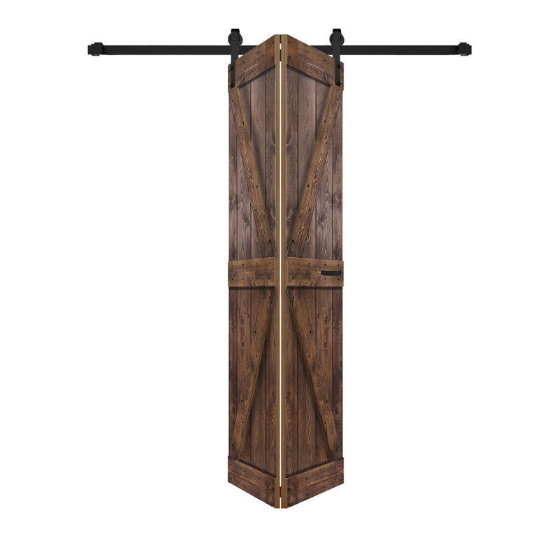 Porte de grange pliante en bois massif de style K avec trousse de quincaillerie - assemblage requis, Noyer foncé