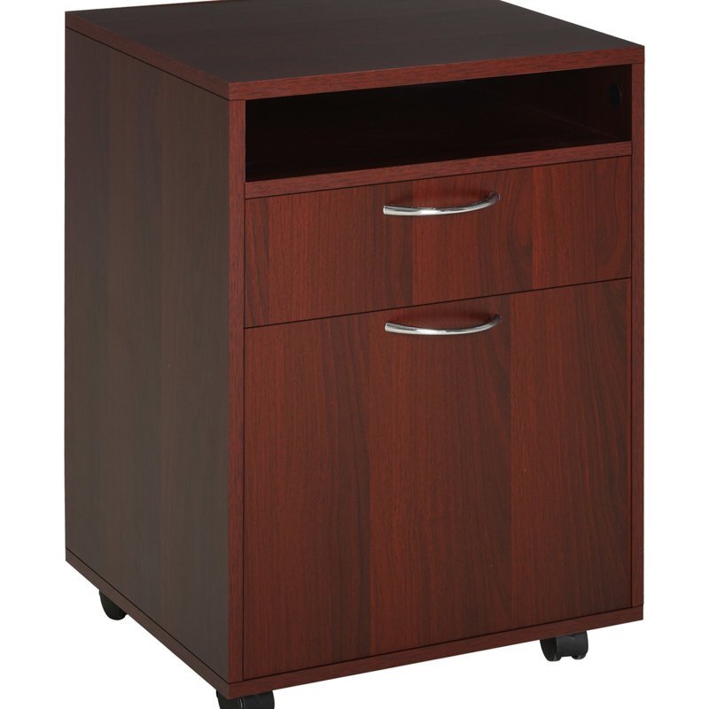 Armoire de rangement mobile brune et support pour imprimante avec tiroir, amplement pour les articles de bureau, compact à placer sous le bureau, freins verrouillables à 4 roues, - surface en bois de particules
