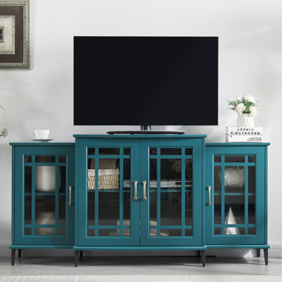 Meuble télé 62 po et buffet, bleu sarcelle, 8 pieds en métal, portes en verre trempé, tablettes réglables, armoire et buffet Blue