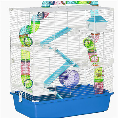 Très grande cage à hamster de 23 po de PawHut avec tubes et tunnels, poignées de transport portatives, maison de rat et grande conception à 5 niveaux, avec roue d'exercice, bouteille d'eau, plat à nourriture, bleu