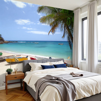 Peel and Stick Wallpaper Puerto Rico Beach Boats Horizontal Wall Murals 100"H x 144"W Removable PVC Wall Paper Self-Adhesive Wall Paintings Art Decor for Bedroom Living Room