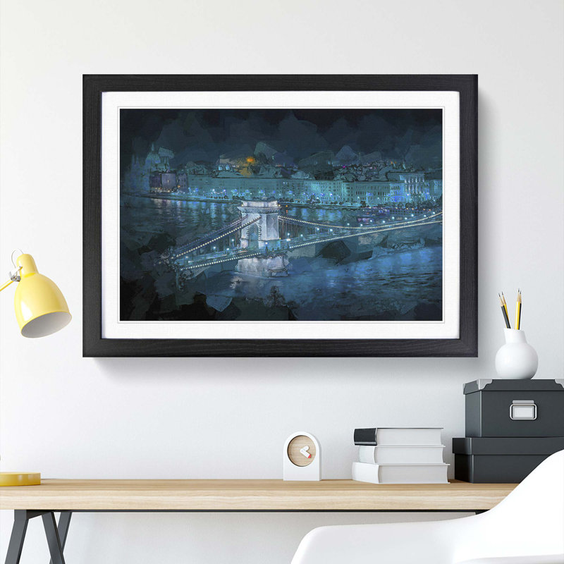 Chain Bridge in Budapest in Abstract - Picture Frame Painting Print, Black Framed, 62cm H x 87cm W x 2cm D