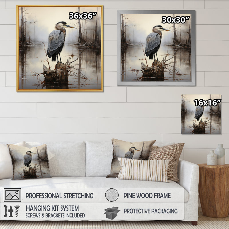 Heron Solitary Reflections Pointillism I - Animals Canvas Print, Cadre simple noir, H 24 po x l 24 po x P 1 po