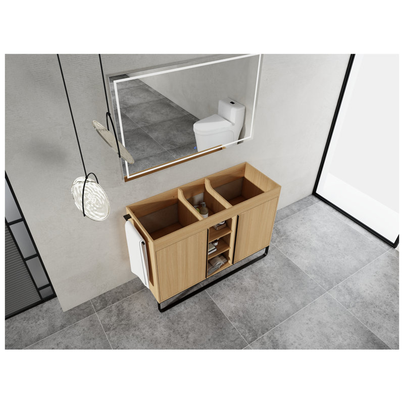 Armoire de salle de bain autoportante 48 po avec 2 portes à fermeture en douceur et contreplaqué de finition chêne