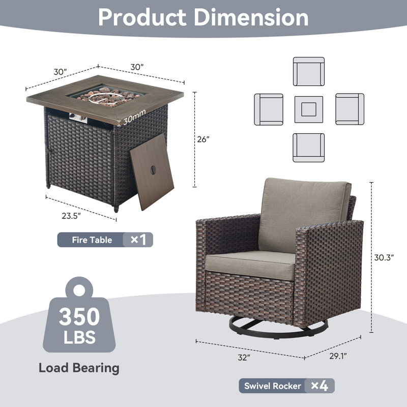 Ensemble de conversation d'extérieur pour 4 personnes avec chaises berçantes pivotantes, coussins et table foyer, Gris