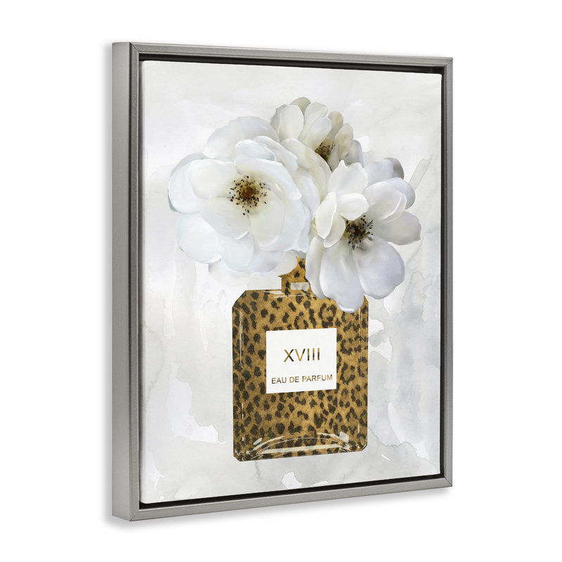 "Leopard", bouteille de parfum Glam White Spring Florals, art mural sur toile par Carol Robinson, H 25 po x l 31 po