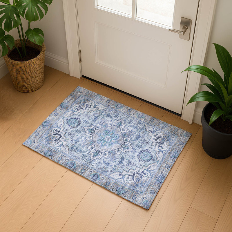 Premium Machine Washable Mayfield AMF2163 global Rug, Blue, Rectangle 1'8" x 2'6"