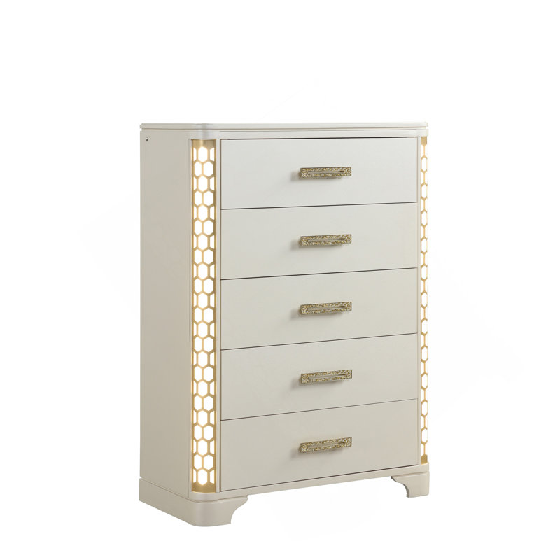 Commode 5 tiroirs avec éclairage à DEL Jasmine en bois beige